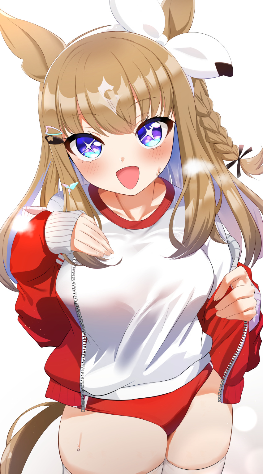 +_+, 1girl, absurdres, almond_eye_(umamusume), alternate_costume, animal_ears, blue_eyes, blush