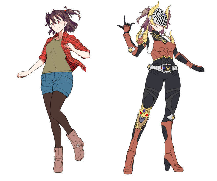 2girls, armor, belt, black_bodysuit, blue_shorts, bodysuit, boots, brown_armor