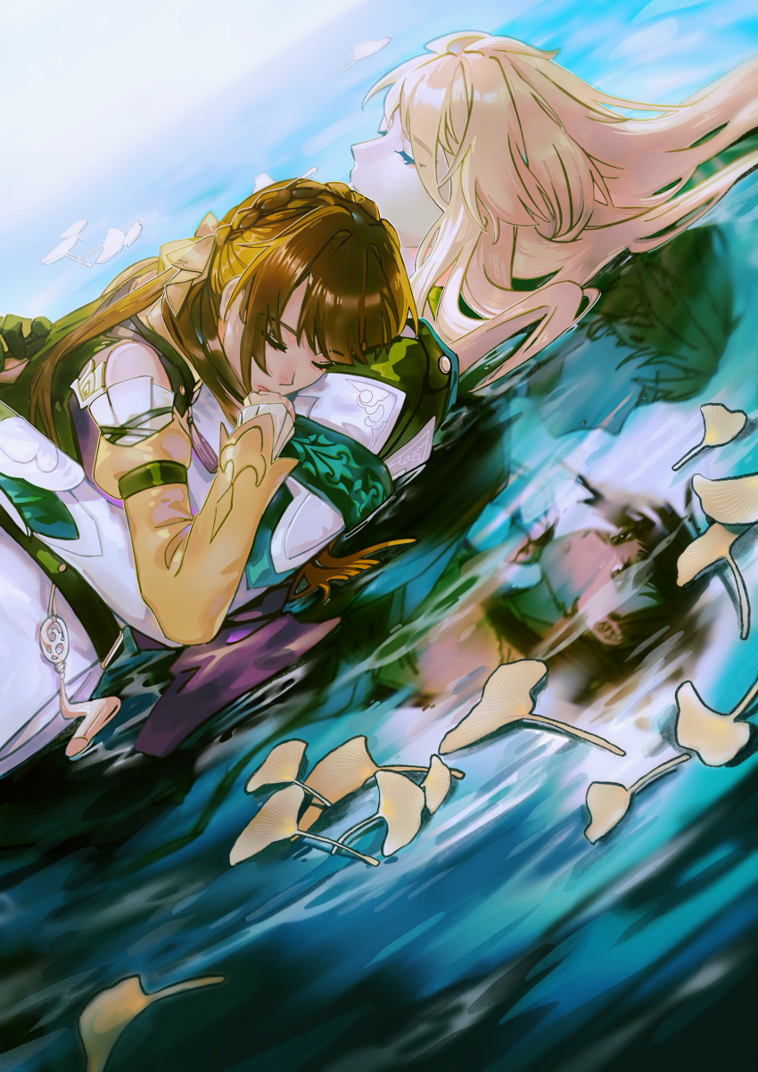 2boys, 2girls, absurdres, blonde_hair, brown_hair, closed_eyes, company_connection, different_reflection