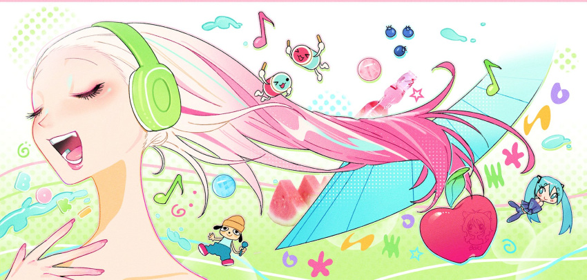 apple, blueberry, blush, chibi, closed_eyes, eyelashes, eyeshadow, fang