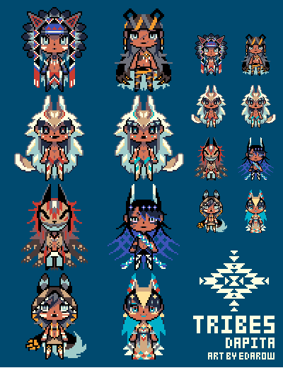 2girls, 6+boys, blue_background, chibi, coyote_boy, dark-skinned_female, dark-skinned_male, dark_skin