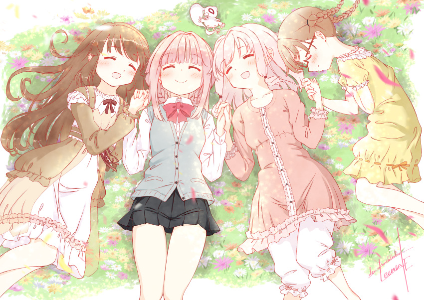 4girls, absurdres, braid, brown_hair, closed_mouth, dress, durchfallkaffee_levante, frilled_dress, frills, grass, highres, hiiragi_nemu, long_hair, magia_record:_mahou_shoujo_madoka_magica_gaiden, mahou_shoujo_madoka_magica, multiple_girls, on_grass, open_mouth, pink_hair, satomi_touka, school_uniform, short_hair, small_kyubey, smile, tamaki_iroha, tamaki_ui, twin_braids