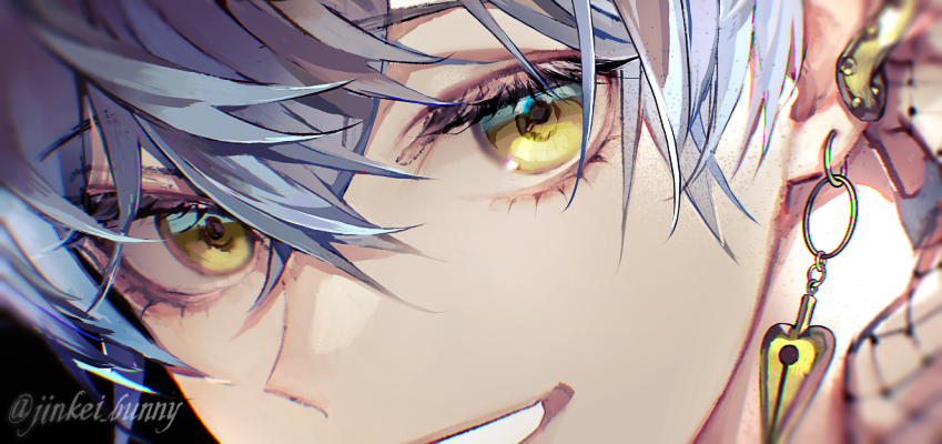 1boy, black_background, blue_hair, close-up, commentary, grin, hair_between_eyes, ike_eveland
