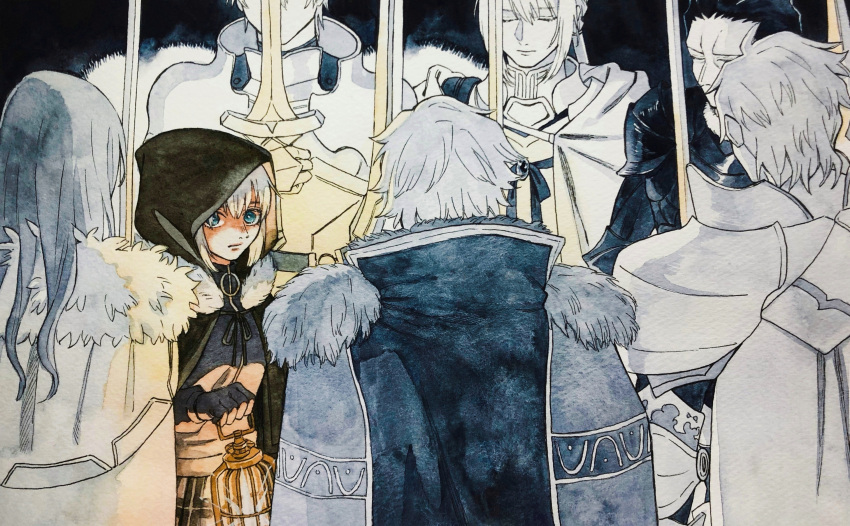 1girl, 6+boys, absurdres, agravain_(fate), armor, bedivere_(fate), black_hood, blue_eyes