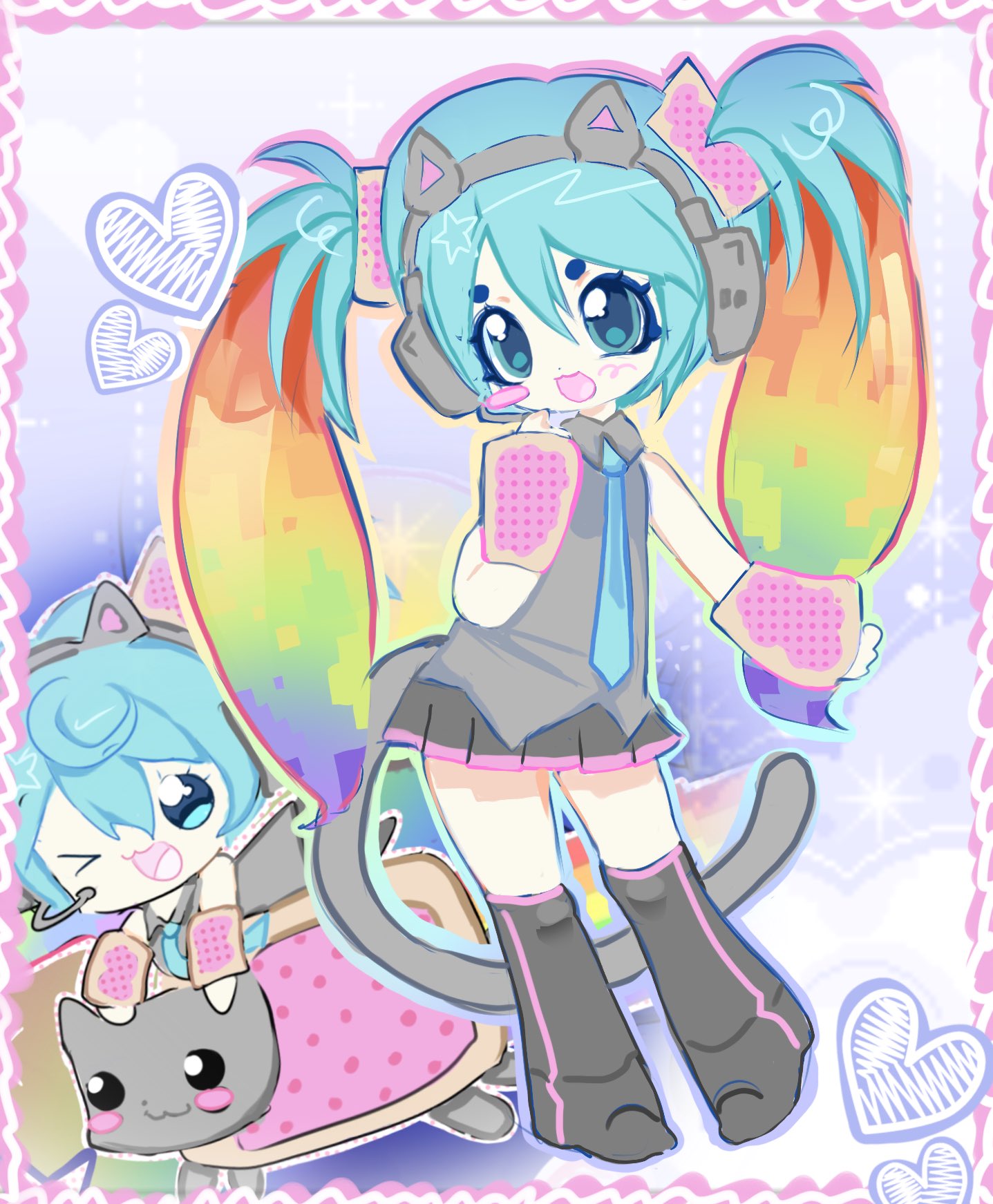 >_o, 1girl, adapted_costume, alternate_hair_color, animal_ears, cat_ears, cat_girl, cat_tail, chibi, cosplay, detached_sleeves, hatsune_miku, headset, highres, multicolored_hair, nyan_cat, nyan_cat_(cosplay), nyawaf, one_eye_closed, open_mouth, rainbow_hair, skirt, smile, tail, vocaloid