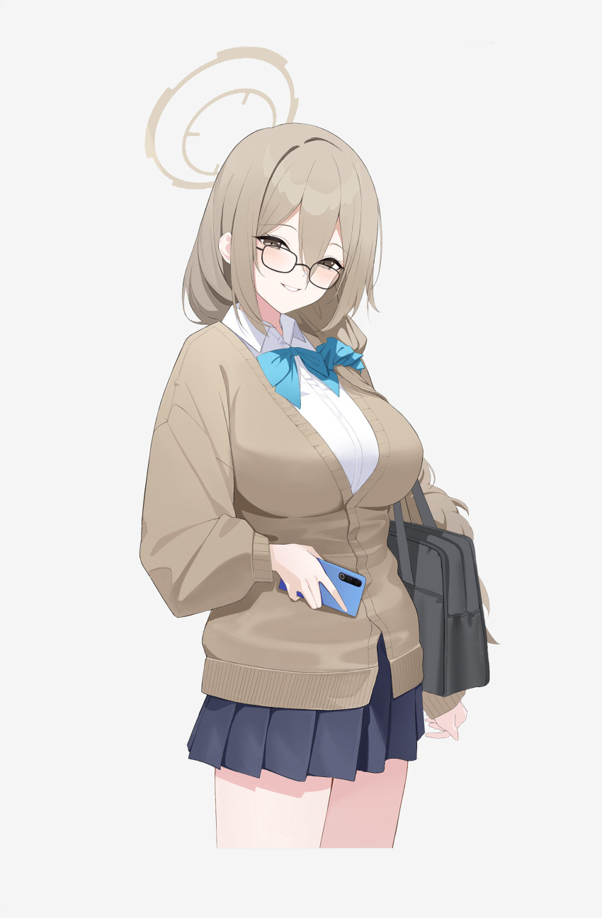 1girl, absurdres, akane_(blue_archive), akane_(school_uniform)_(blue_archive), arm_at_side, bag, black-framed_eyewear, black_skirt