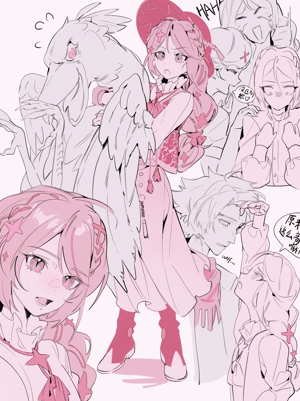 2boys, 2girls, bird, braid, classicaloid, crossdressing, dress, embarrassed