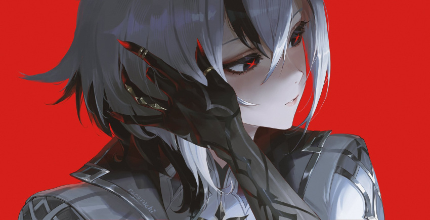 1girl, adjusting_hair, arlecchino_(genshin_impact), black_eyes, black_hair, black_hands, colored_extremities, fingernails, genshin_impact, grey_jacket, hand_up, highres, jacket, multicolored_hair, parted_lips, red_background, red_nails, red_pupils, rucarachi, sharp_fingernails, simple_background, solo, streaked_hair, symbol-shaped_pupils, turning_head, upper_body, white_hair, x-shaped_pupils