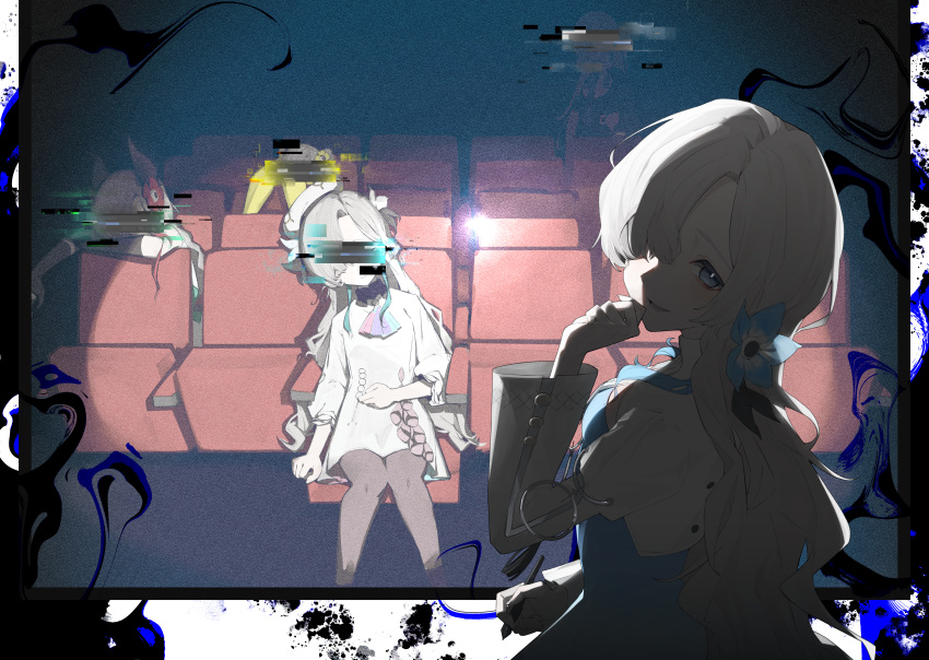 5girls, absurdres, anemone_(flower), ascot, asymmetrical_bangs, bar_censor, beret, blue_eyes