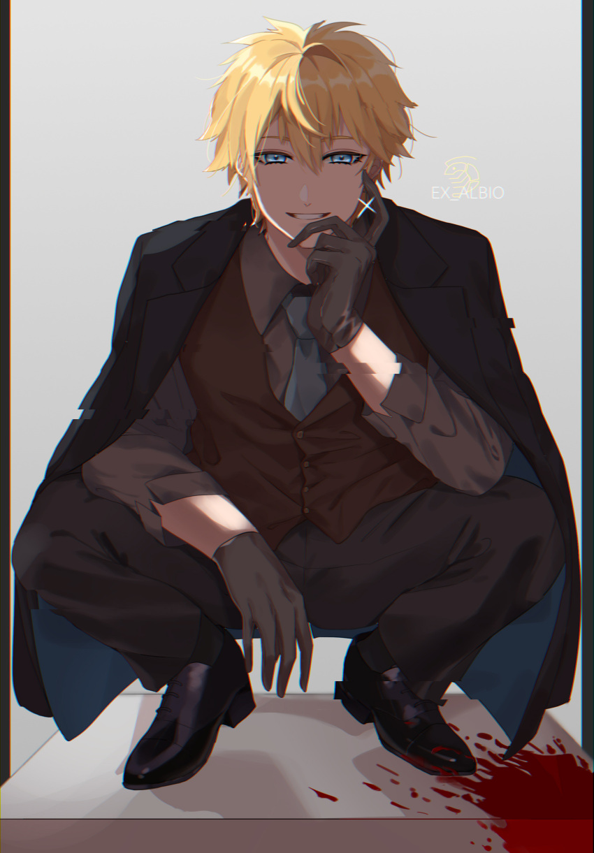 1boy, absurdres, black_shoes, blonde_hair, blood, blue_eyes, brown_gloves, brown_shirt