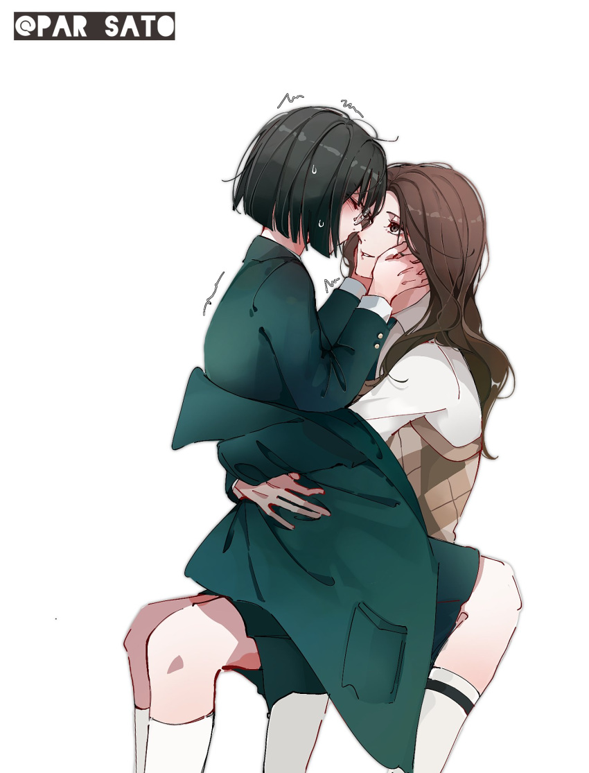 2girls, black_hair, brown_eyes, brown_hair, brown_sweater_vest, choi_kyung, closed_eyes, collared_shirt