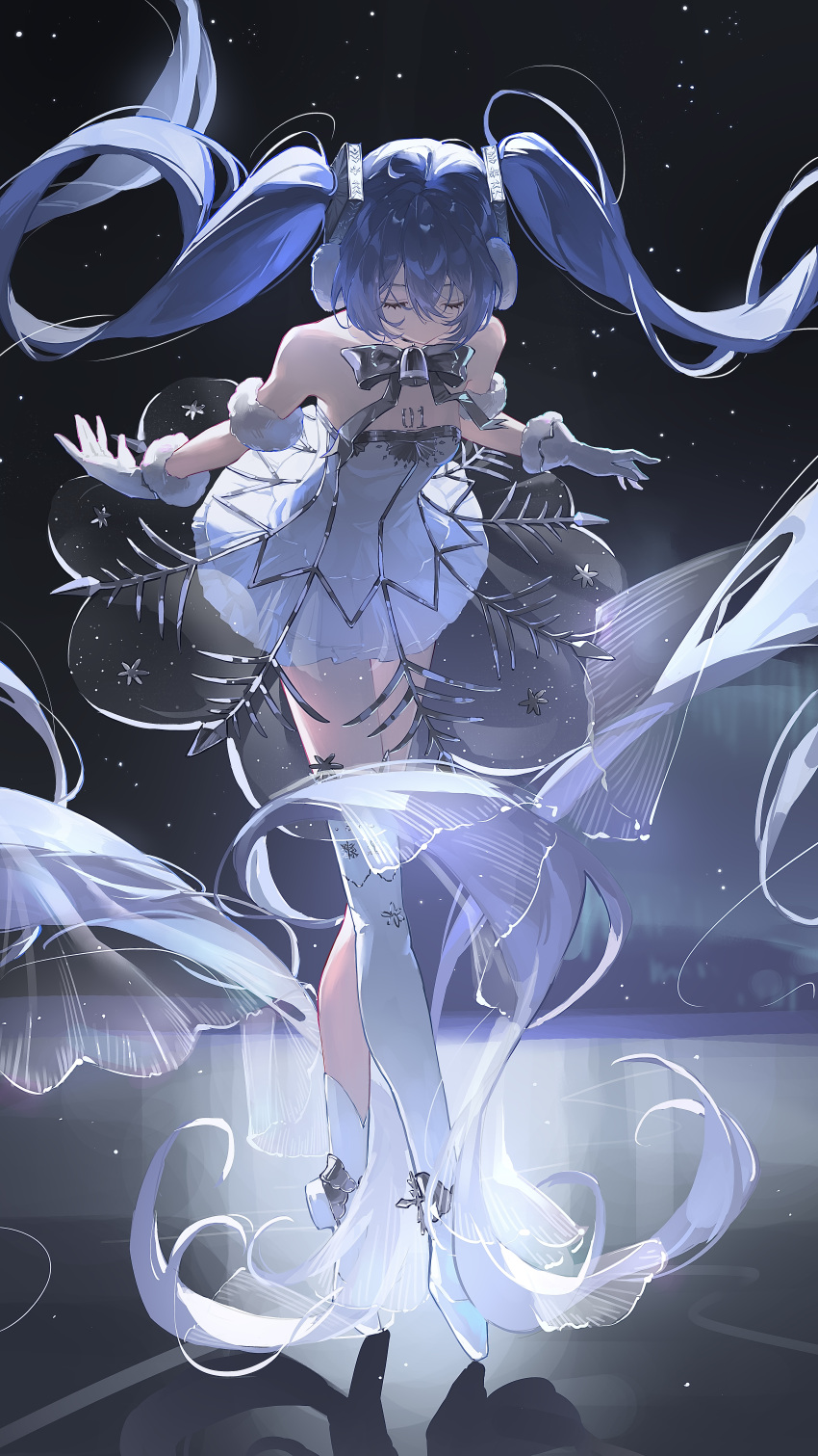 1girl, absurdres, bare_shoulders, bell, blue_hair, bow, bowtie, closed_eyes