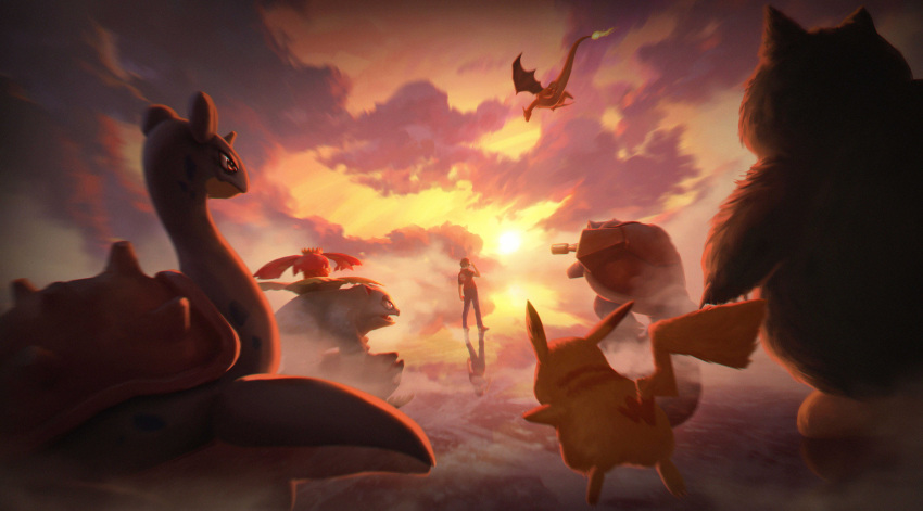 absurdres, adjusting_clothes, adjusting_headwear, arm_at_side, blastoise, charizard, full_body, highres, holding, holding_poke_ball, horizon, lapras, looking_back, pikachu, poke_ball, pokemon, pokemon_(creature), pokemon_rgby, red_(pokemon), reflective_floor, snorlax, standing, sunset, venusaur, wer_(no0701)