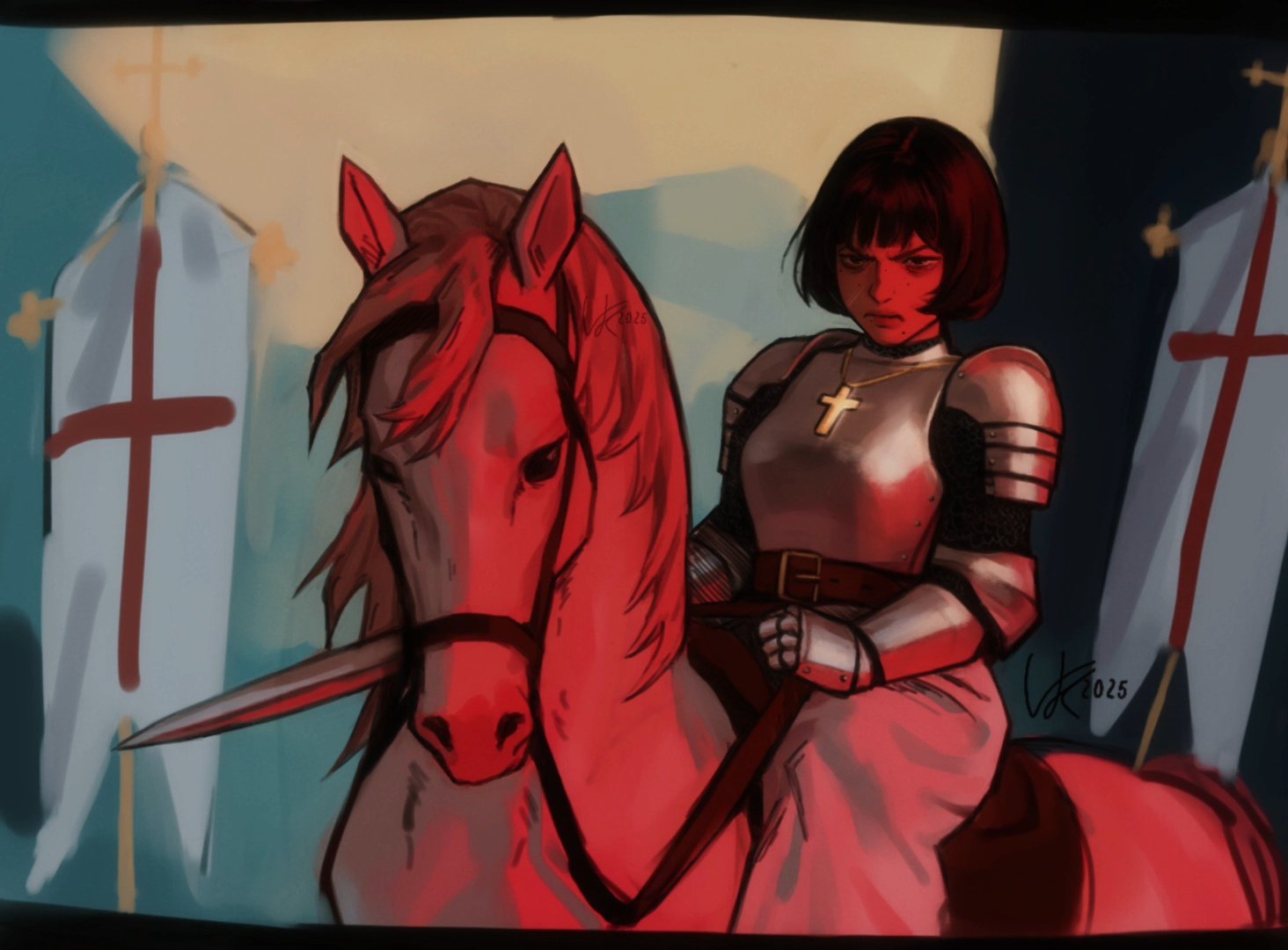 1girl, angry, armor, banner, belt, black_hair, blunt_bangs, bob_cut, brown_eyes, closed_mouth, cross, cross_necklace, dated, flag, frown, gauntlets, holding, holding_sword, holding_weapon, horse, jewelry, knight, knights_templar, looking_at_viewer, narrowed_eyes, necklace, pauldrons, plate_armor, riding, short_hair, shoulder_armor, solo, stronghold_crusader, sword, vankraut, weapon