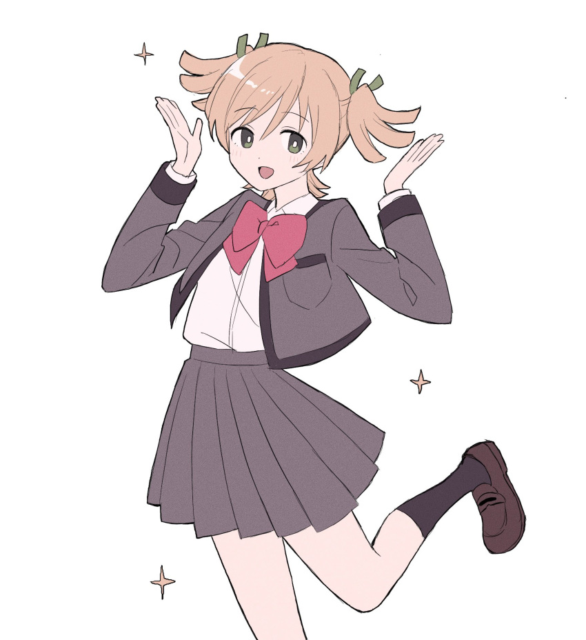 1girl, :d, black_socks, blonde_hair, blush, bow, bowtie, breast_pocket