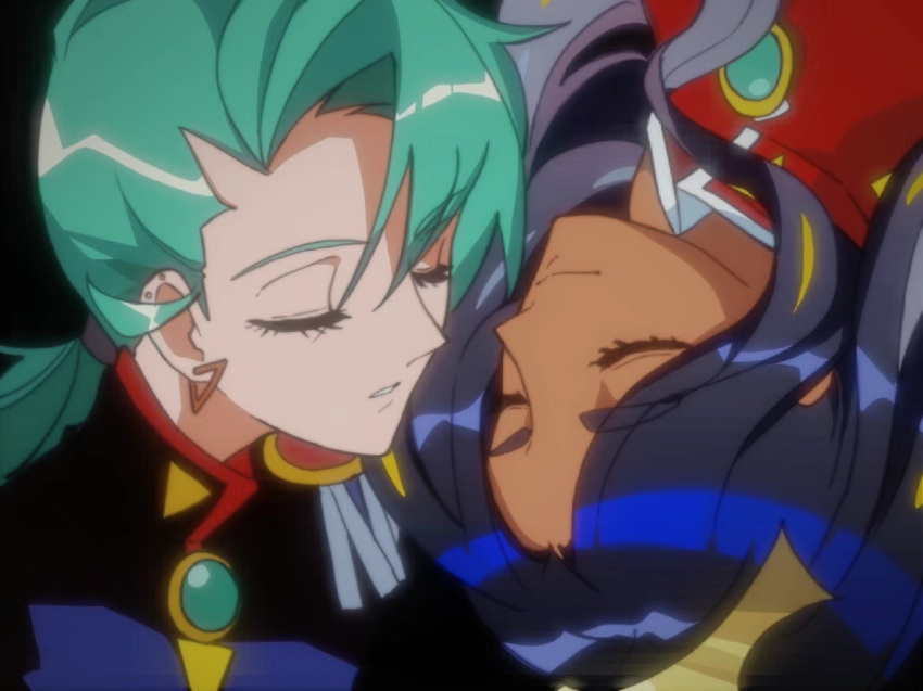 1990s_(style), 2girls, amulet, black_hair, blue_jacket, closed_eyes, cosplay, dark-skinned_female