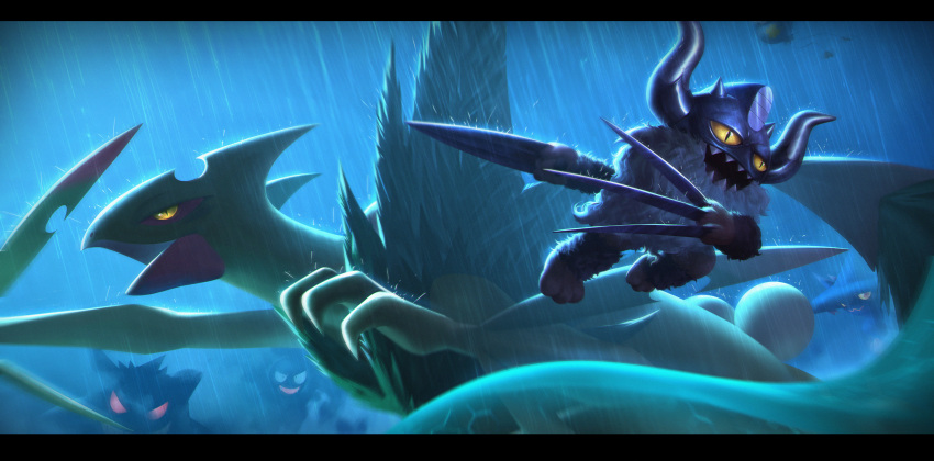 absurdres, claws, drifloon, gastly, gengar, highres, horns, letterboxed