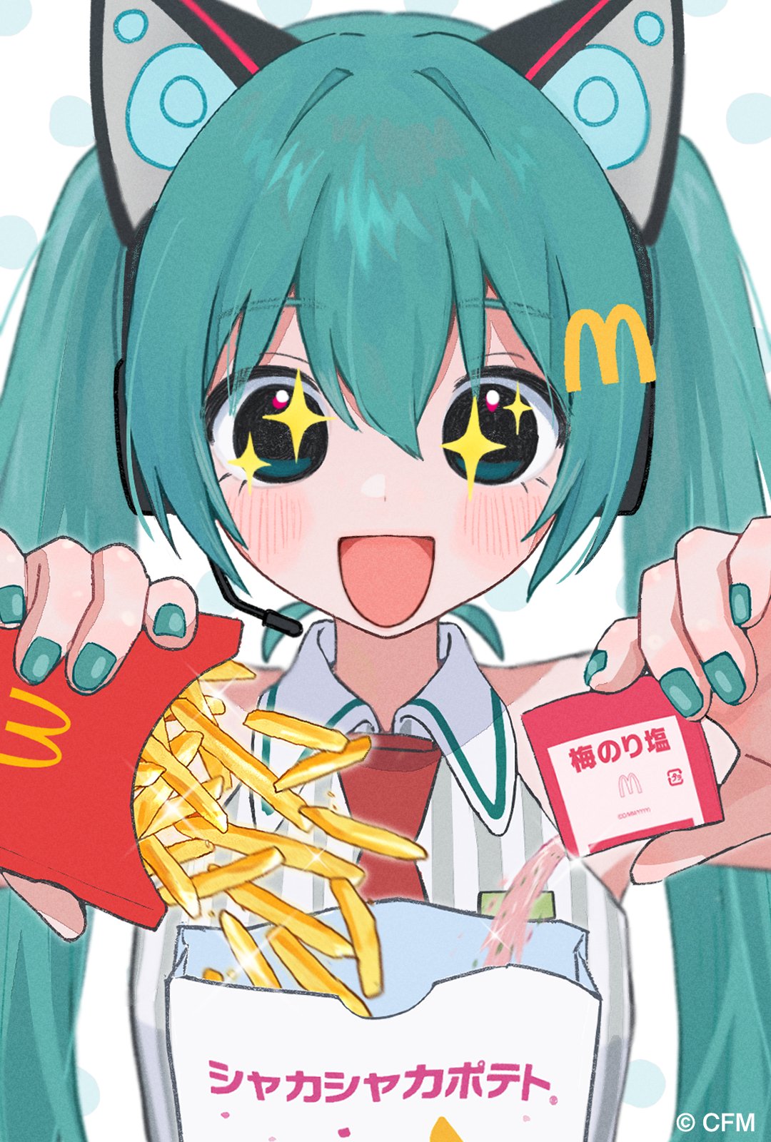 1girl, ad, animal_ear_hairband, animal_ears, aqua_eyes, aqua_hair, bag, blush
