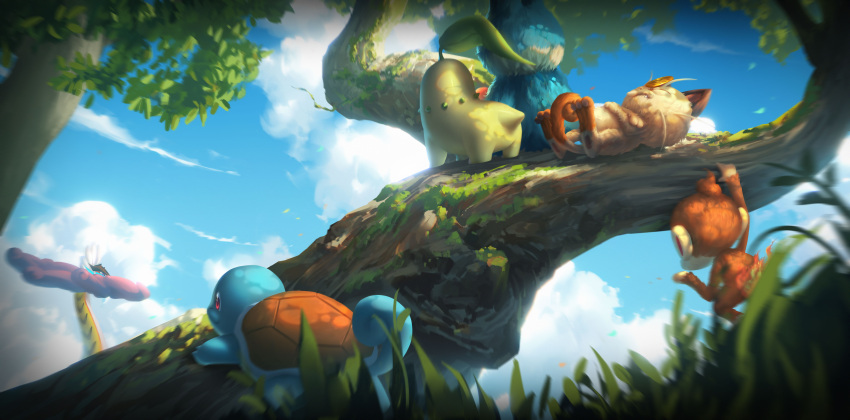 absurdres, animal_focus, chikorita, chimchar, clouds, crossed_arms, day, fang
