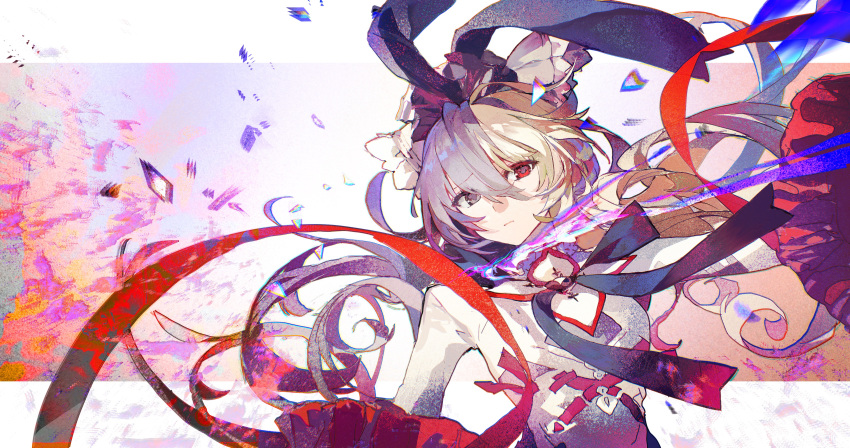 1girl, abstract_background, absurdres, arcaea, black_bow, black_hair, blonde_hair, bow