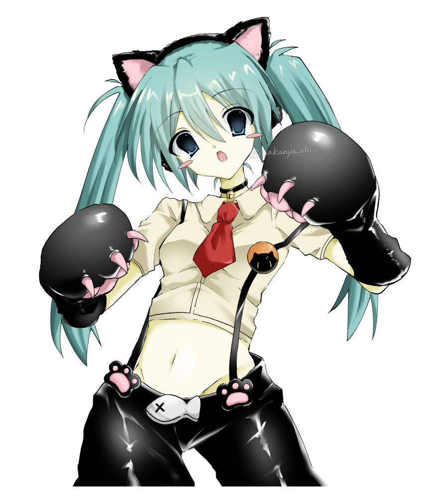 1girl, 2000s_(style), absurdres, alternate_costume, animal_ear_hairband, animal_ears, animal_hands, aqua_hair, bell, blue_eyes, blush_stickers, cat_ear_hairband, cat_ears, choker, crop_top, fake_animal_ears, fish, hairband, hatsune_miku, hatsune_miku_(nyan_ko), highres, jingle_bell, neck_bell, necktie, project_diva_(series), red_necktie, suspenders, takanashi_(takanya_shi), vocaloid