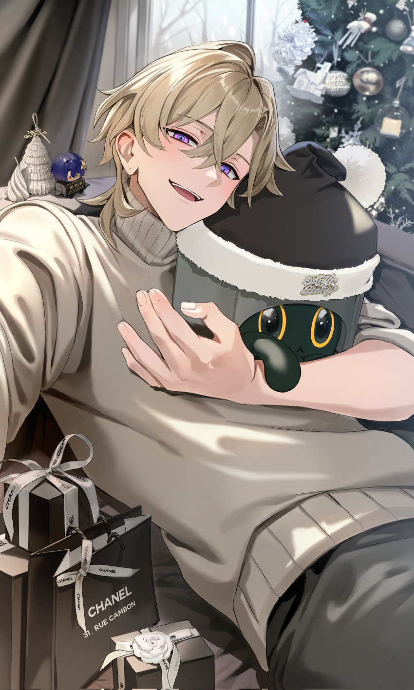 1boy, absurdres, alternate_costume, aventurine_(honkai:_star_rail), bag, black_pants, blonde_hair, blush
