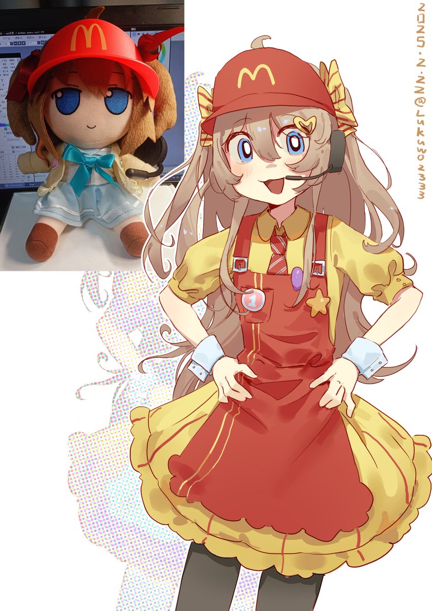 1girl, :3, :d, ahoge, alternate_costume, apron, badge, baseball_cap
