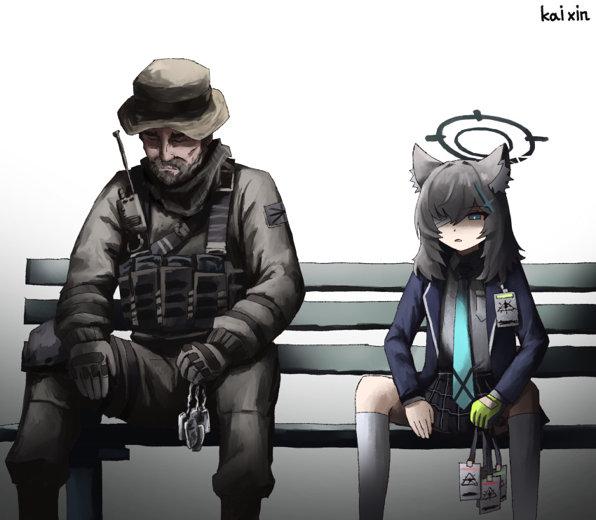 1boy, 1girl, absurdres, ammunition_pouch, animal_ear_fluff, animal_ears, bandage_over_one_eye, beard