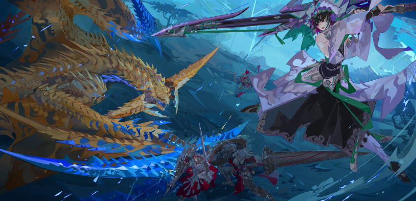 1girl, 3others, absurdres, armor, bow_(weapon), character_request, dragon, dress