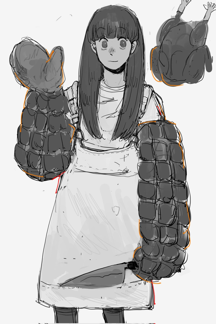 1girl, apron, blunt_bangs, chicken_(food), cowboy_shot, dorohedoro, food, greyscale