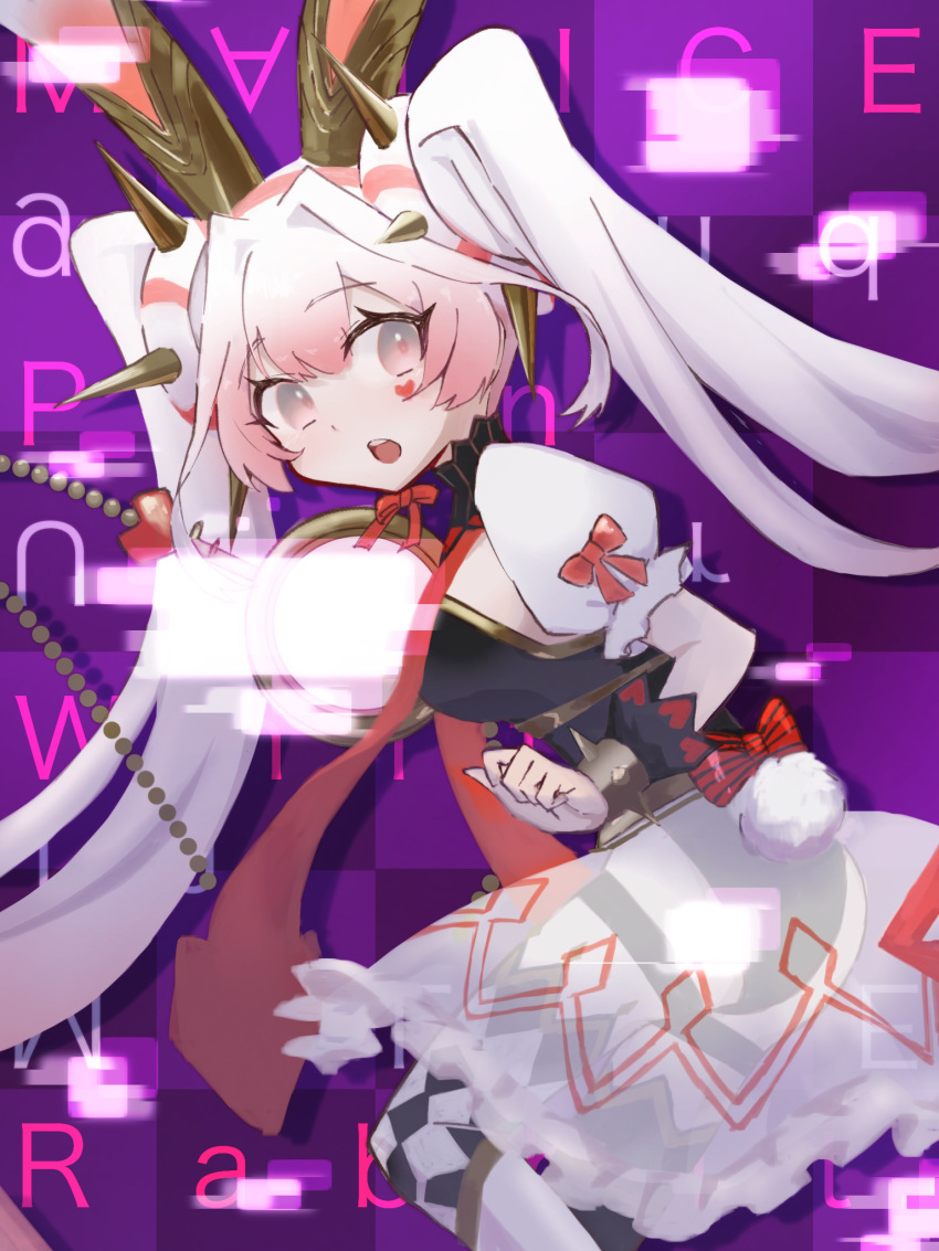 1girl, animal_ears, asymmetrical_legwear, black_leotard, breasts, checkered_background, checkered_clothes, dress