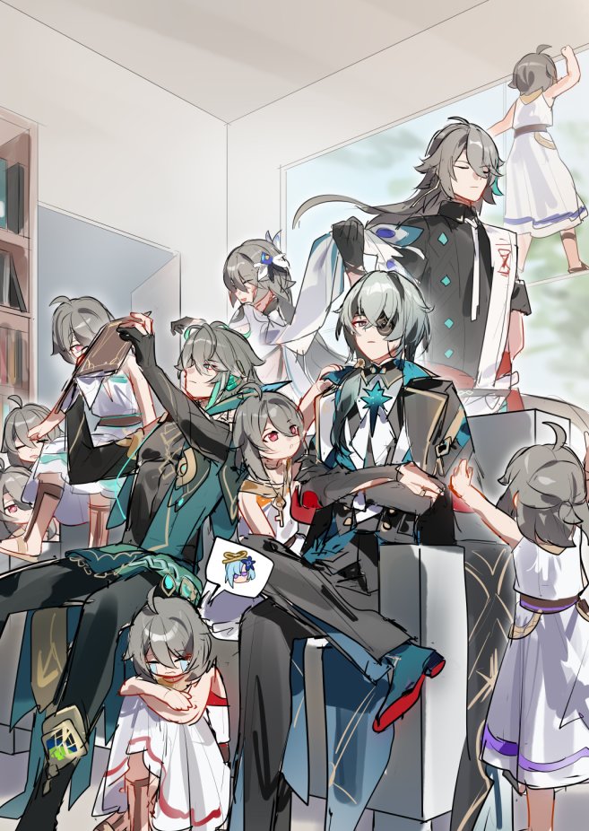 5boys, 6+girls, :d, ^_^, ahoge, alhaitham_(genshin_impact), anaxa_(honkai:_star_rail), antenna_hair