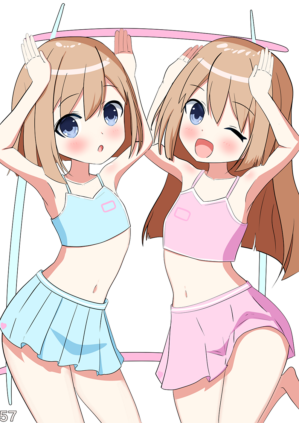 2girls, arms_up, blue_camisole, blue_eyes, blue_skirt, brown_hair, camisole, highres
