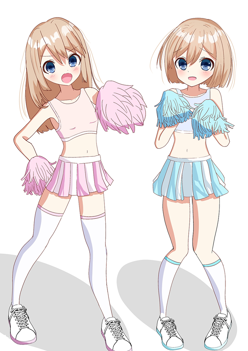 2girls, blue_eyes, blue_skirt, brown_hair, cheering, cheerleader, highres, holding