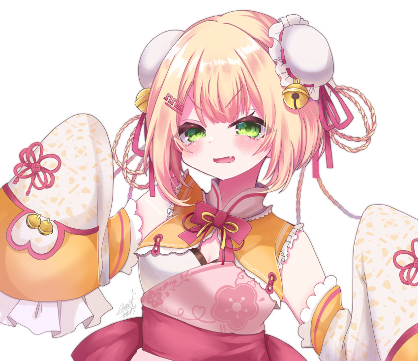 1girl, blonde_hair, blush, detached_collar, dress, fang, hair_between_eyes, hair_ornament, hairpin, highres, hololive, momosuzu_nene, momosuzu_nene_(5th_costume), official_alternate_costume, official_alternate_hair_length, official_alternate_hairstyle, pink_dress, pink_sash, pink_sleeves, sash, satsuki_atan, short_hair, sleeves_past_fingers, sleeves_past_wrists, two-tone_dress, virtual_youtuber, white_background, white_dress