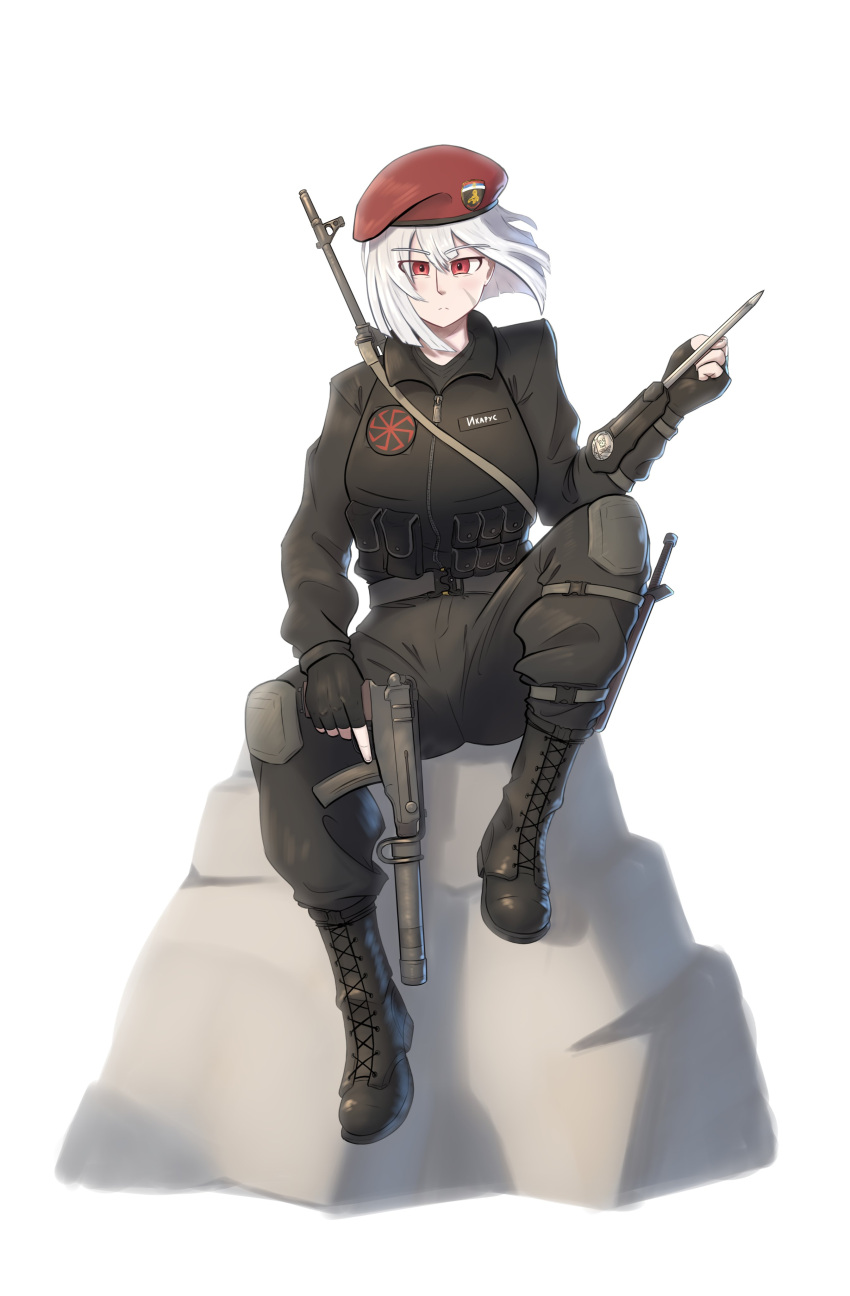 absurdres, albino, ammunition_pouch, belt, beret, black_gloves, boots, cargo_pants