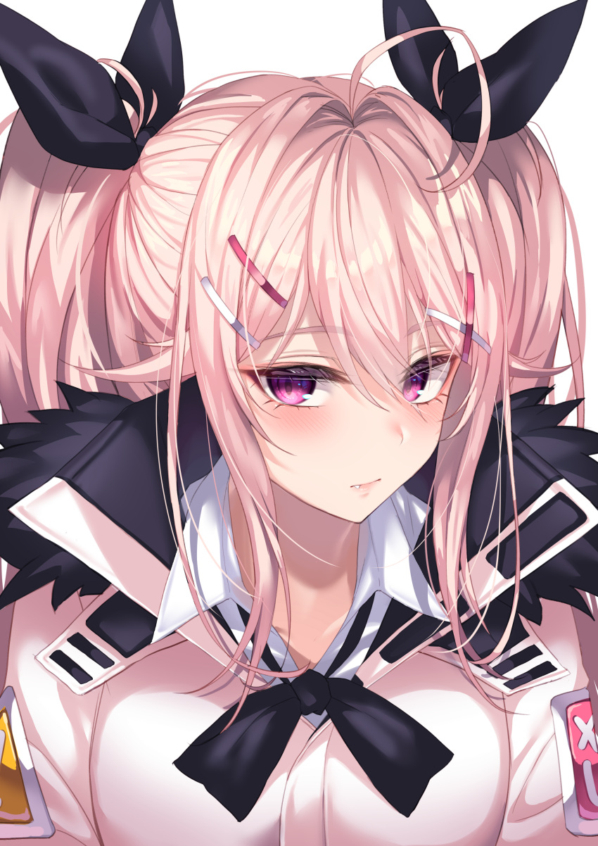 1girl, absurdres, ahoge, antenna_hair, black_bow, black_bowtie, black_ribbon, blush