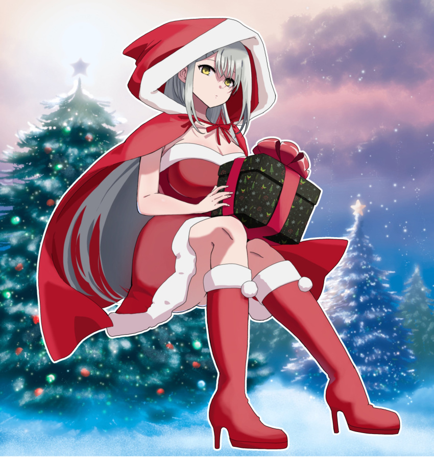 1girl, absurdres, bare_shoulders, box, breasts, capelet, closed_mouth, dress