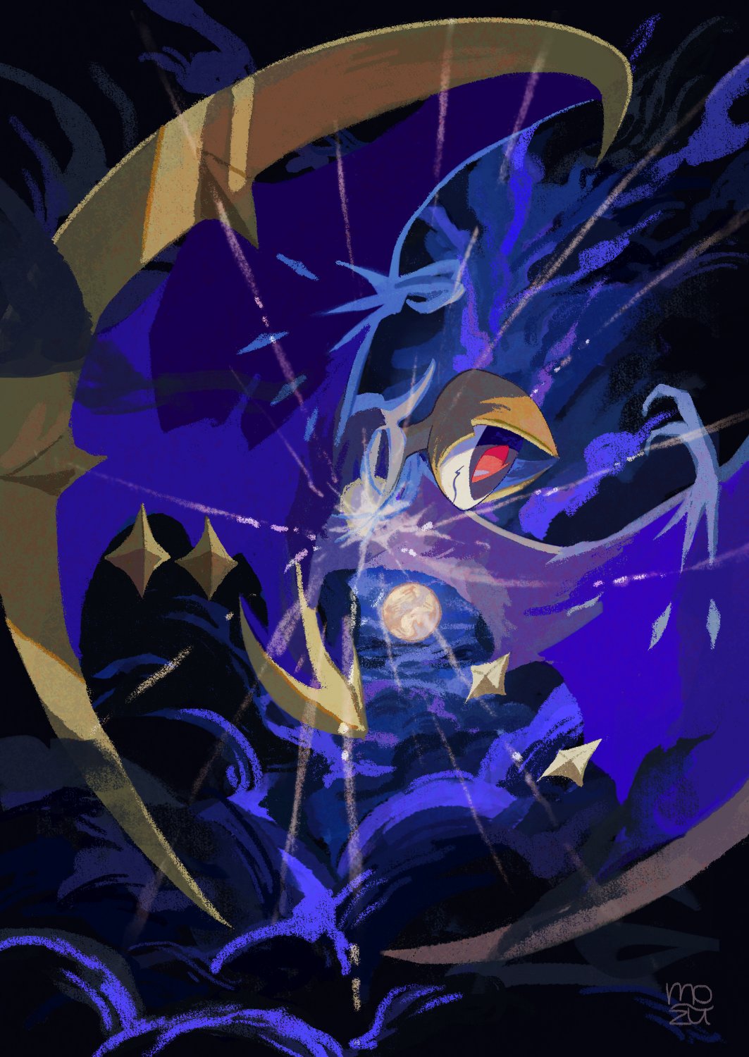 closed_mouth, fang, from_side, grey_pupils, highres, looking_down, lunala, mo~zu
