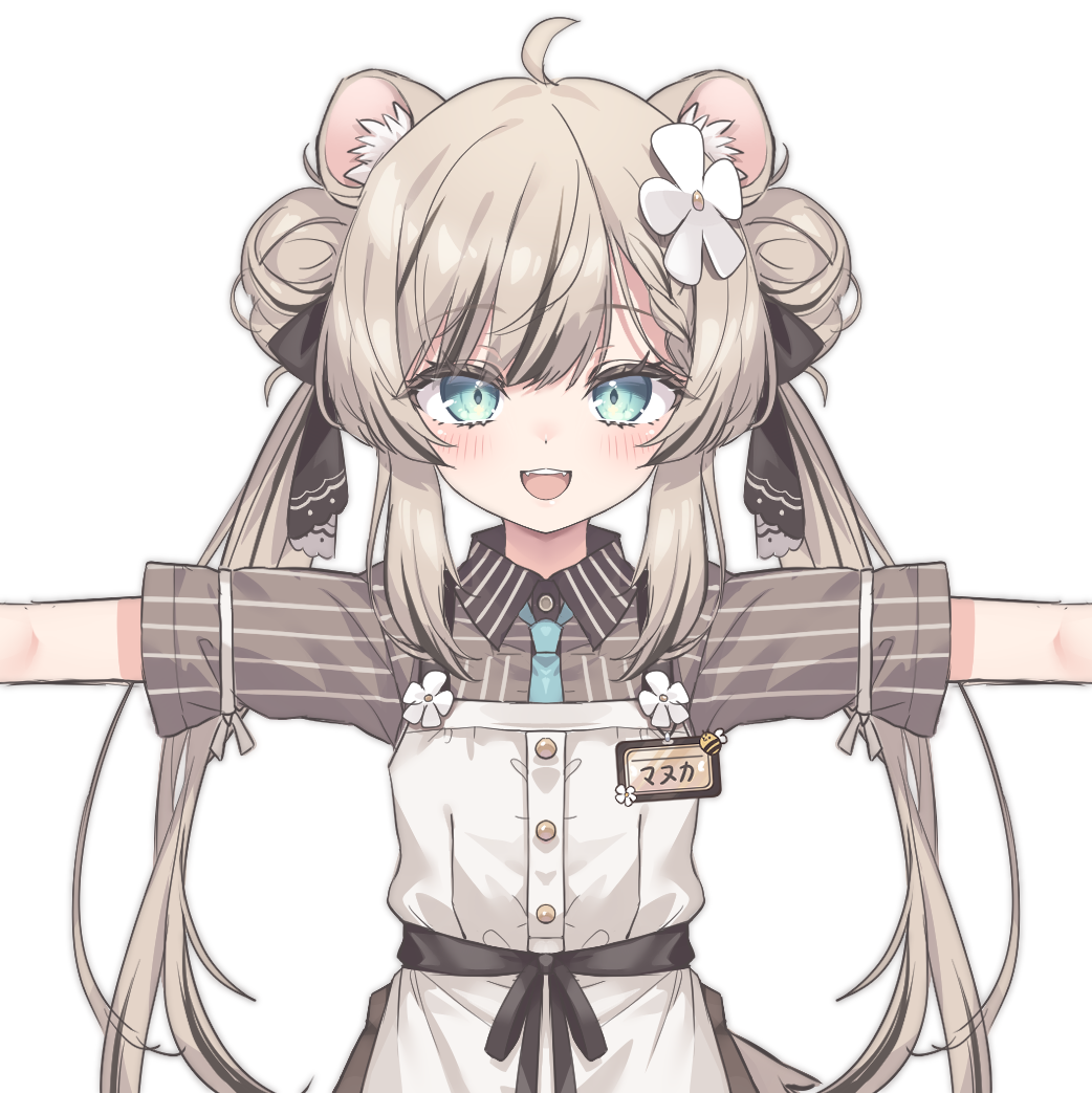 1girl, :d, ahoge, animal_ear_fluff, animal_ears, apron, aqua_eyes, black_bow, black_ribbon, blue_eyes, blue_necktie, blush, bow, braid, brown_dress, brown_hair, brown_shirt, collared_shirt, double_bun, dress, dress_shirt, fangs, flower, hair_between_eyes, hair_bow, hair_bun, hair_flower, hair_ornament, hair_ribbon, jingo, long_hair, looking_at_viewer, manuka_(vrchat), multicolored_hair, name_tag, necktie, open_mouth, outstretched_arms, pinstripe_pattern, pinstripe_shirt, ribbon, shirt, short_sleeves, sidelocks, simple_background, smile, solo, spread_arms, straight-on, striped_clothes, striped_dress, striped_shirt, tail, teeth, twintails, upper_body, upper_teeth_only, vertical-striped_clothes, vertical-striped_dress, vertical-striped_shirt, very_long_hair, vrchat, white_apron, white_background, white_flower