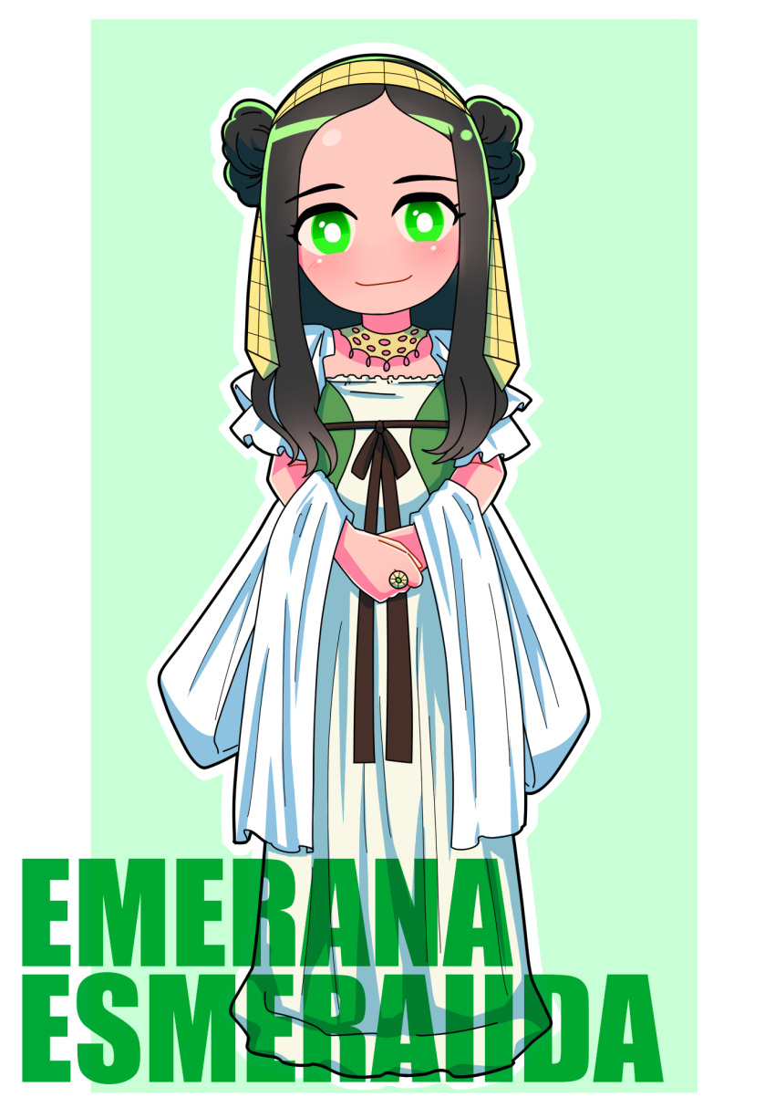 1girl, animification, blush, border, bright_pupils, brown_hair, brown_ribbon, character_name, closed_mouth, commentary, curtained_hair, double_bun, dress, dress_ribbon, emerana_lourdes, forehead, full_body, gold_necklace, gold_ring, green_background, green_dress, green_eyes, hair_bun, hair_ornament, hair_ribbon, head_tilt, highres, jewelry, long_dress, long_hair, looking_at_viewer, multicolored_dress, necklace, no_nose, own_hands_together, princess, ribbon, ring, shawl, short_sleeves, smile, solo, standing, tokusatsu, tsubasa_(godbardtsubasa), two-tone_dress, ultra_galaxy_(series), ultra_series, ultraman_zero_the_movie_choukessen!_belial_ginga_teikoku, white_border, white_dress, white_pupils, white_shawl, yellow_ribbon