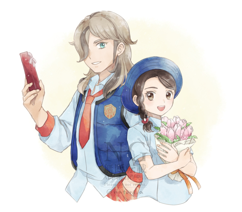 1boy, 1girl, :d, arven_(pokemon), blue_hat, blue_vest, bouquet, box