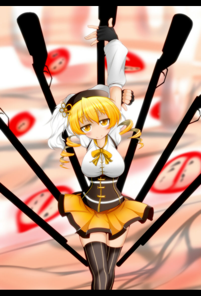 bad_id, beret, blonde_hair, breasts, brown_legwear, crossed_legs_(standing), detached_sleeves, drill_hair