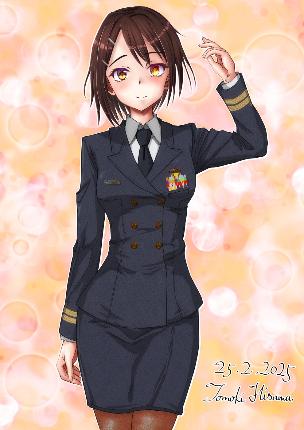 1girl, alternate_costume, black_jacket, black_necktie, black_skirt, breasts, brown_pantyhose, dated