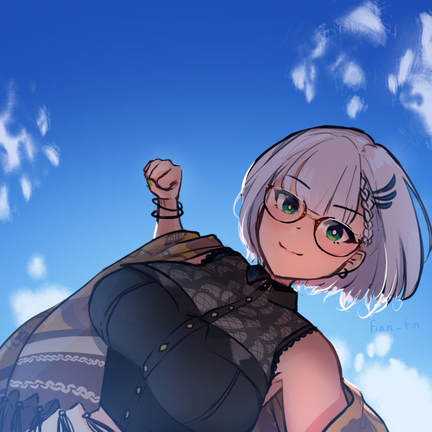 1girl, armpit_crease, artist_name, blue_sky, braid, breasts, bright_pupils, buttons