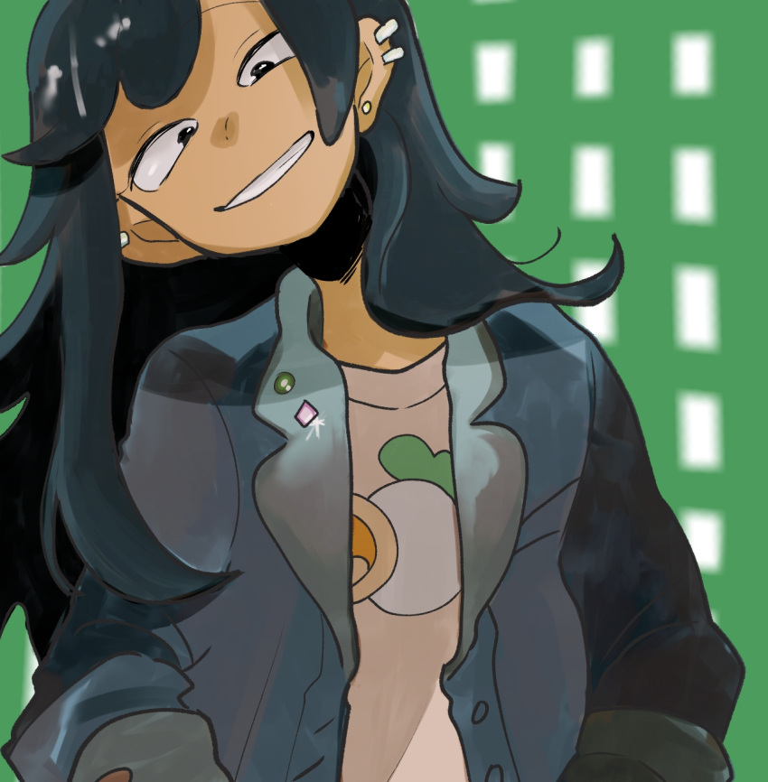 1girl, aged_up, amphibia, black_eyes, black_hair, ear_piercing, earrings, green_background, head_tilt, highres, jacket, jewelry, long_hair, long_sleeves, looking_at_viewer, marcy_wu, parted_lips, piercing, samui522, shirt, smile, solo, straight-on, t-shirt, teeth, upper_body