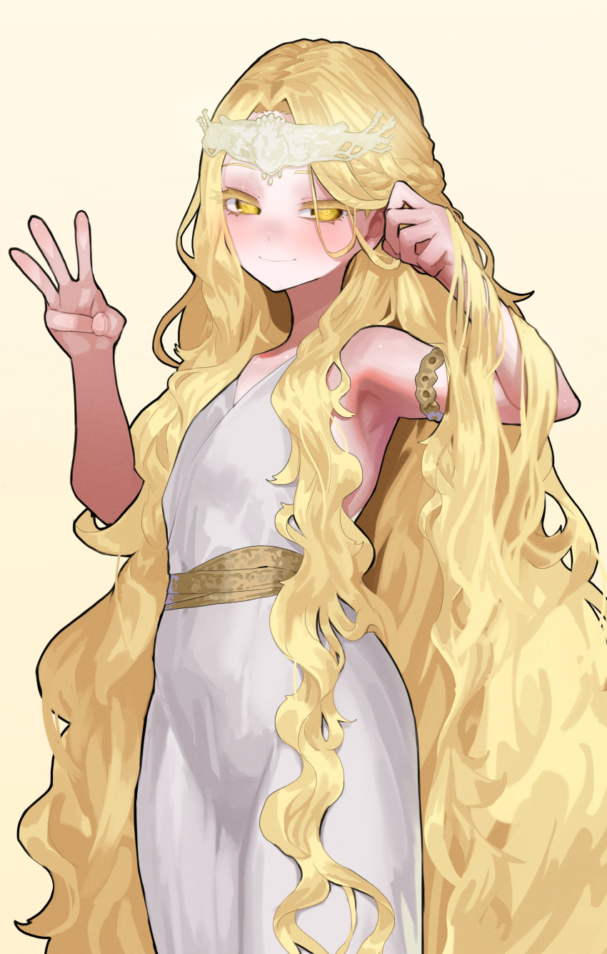 1boy, absurdres, androgynous, armpit_crease, armpits, blonde_hair, circlet, ekrea_jan, elden_ring, gold_circlet, hair_behind_ear, highres, long_hair, miquella_(elden_ring), sleeveless_tunic, smile, smug, tunic, white_tunic