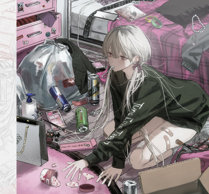 1boy, adam's_apple, androgynous, bandaid, bandaid_on_finger, bandaid_on_knee, bandaid_on_leg, bandaid_on_thigh, bedroom, beer_can, black_shirt, bow, can, charm_(object), double-parted_bangs, drink_can, ear_piercing, eyelashes, foot_out_of_frame, from_above, gauze_on_thigh, haagen-dazs, hair_between_eyes, hair_bow, hand_on_floor, highres, indoors, jewelry, jitome, kneehighs, kneeling, leaning_forward, light_frown, long_hair, long_sleeves, looking_ahead, lotion_bottle, low_twintails, makeup_brush, makeup_palette, male_focus, messy_room, multicolored_hair, multiple_piercings, necklace, no_pants, on_floor, open_drawer, original, phone, piercing, pillow, pink_bow, pink_rug, raised_inner_eyebrows, reaching, roots_(hair), shirt, sidelighting, socks, solo, spoon, st31010, star-shaped_pupils, star_(symbol), straight_hair, symbol-shaped_pupils, tearing_up, three_quarter_view, too_many_bandaids, trash_bag, twintails, unworn_bracelet, unworn_jewelry, unworn_necklace, unworn_shirt, utensil_in_mouth, very_long_hair, white_hair, white_socks