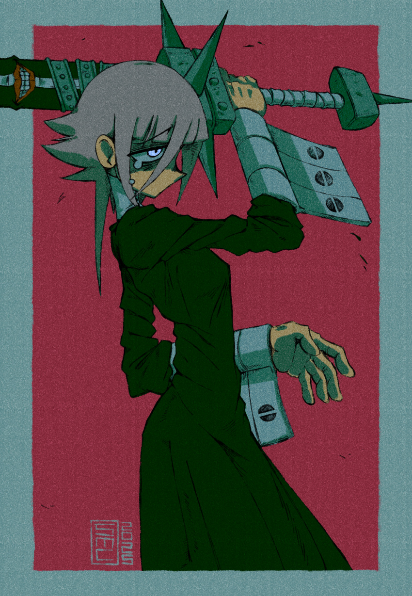 1other, androgynous, black_dress, blue_eyes, cowboy_shot, crona_(soul_eater), dress, film_grain, from_side, highres, holding, holding_sword, holding_weapon, other_focus, purple_hair, short_hair, solo, soul_eater, submarinechamomile, sword, tears, two-tone_background, weapon