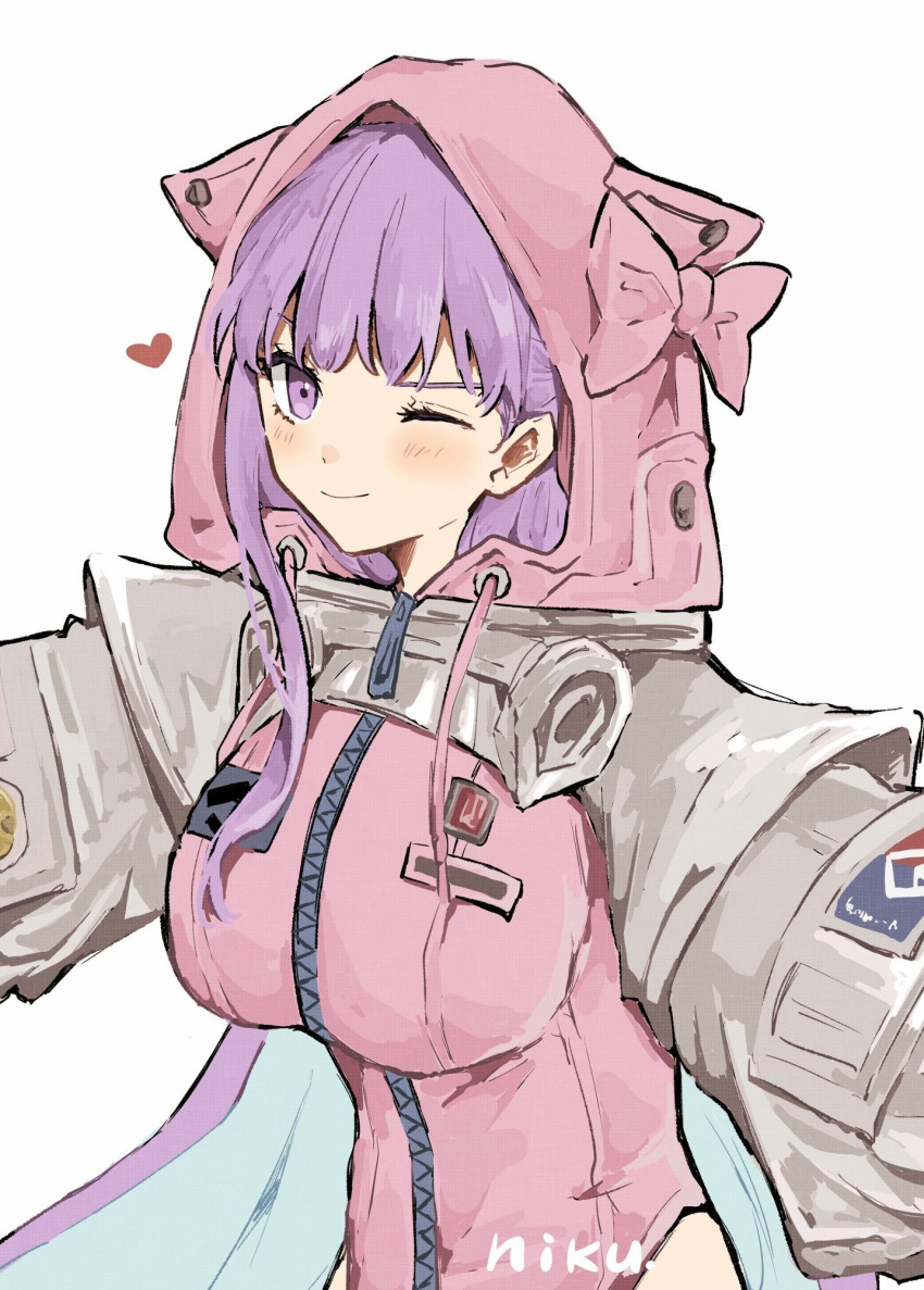 1girl, animal_ear_hood, animal_ears, artist_name, bb_(fate), bb_cosmo_(fate), blush, breasts, cat_ears, emblem, fate/grand_order, fate_(series), fgo_si, full-length_zipper, heart, highres, hood, hooded_leotard, jumpsuit, large_breasts, leotard, long_hair, long_sidelocks, long_sleeves, looking_at_viewer, one_eye_closed, outstretched_arms, pink_hood, pink_jumpsuit, pink_leotard, purple_hair, shrug_(clothing), sidelocks, simple_background, single_sidelock, smile, solo, spacesuit, three_quarter_view, upper_body, very_long_hair, violet_eyes, white_background, white_shrug, wispy_bangs, zipper